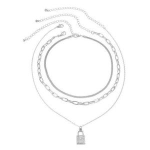 Rhinestone Studded Lock Necklace color: Silver